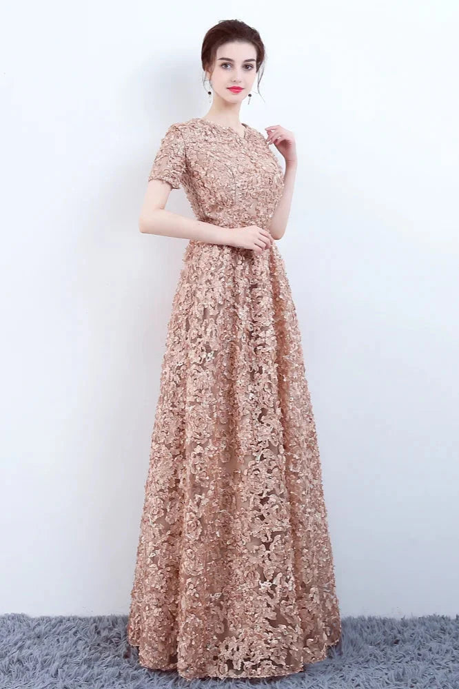 Elegant Short Or Long Sleeves Lace Evening Gowns Online Zipper Back With Belt