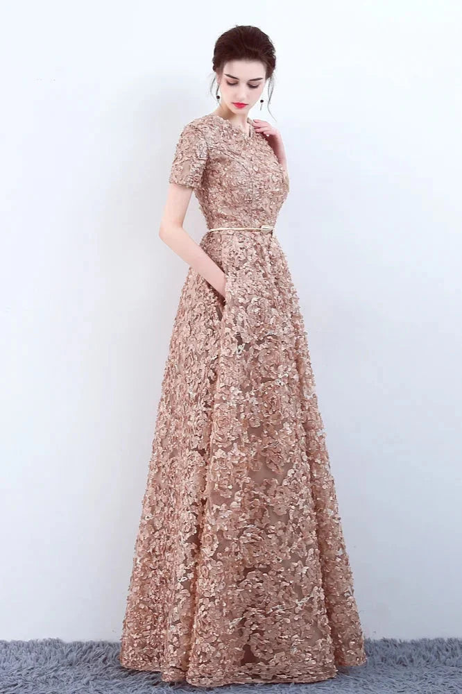 Elegant Short Or Long Sleeves Lace Evening Gowns Online Zipper Back With Belt