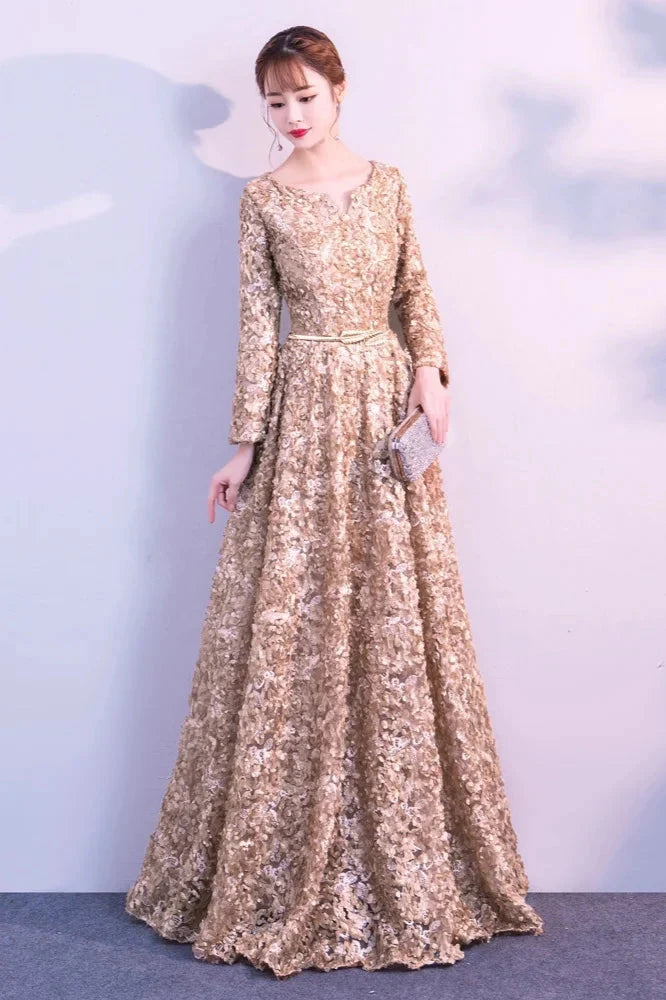 Elegant Short Or Long Sleeves Lace Evening Gowns Online Zipper Back With Belt