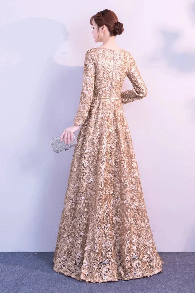 Elegant Short Or Long Sleeves Lace Evening Gowns Online Zipper Back With Belt