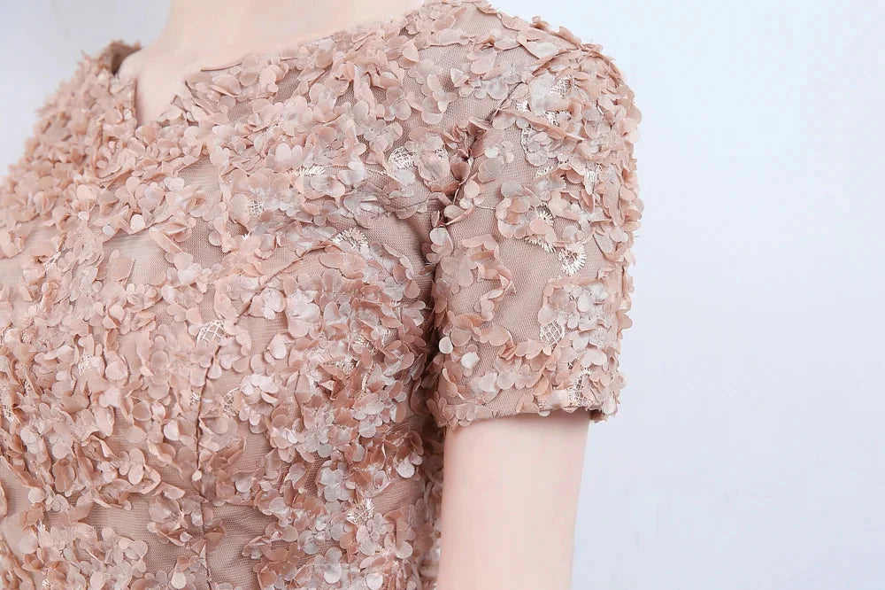 Elegant Short Or Long Sleeves Lace Evening Gowns Online Zipper Back With Belt