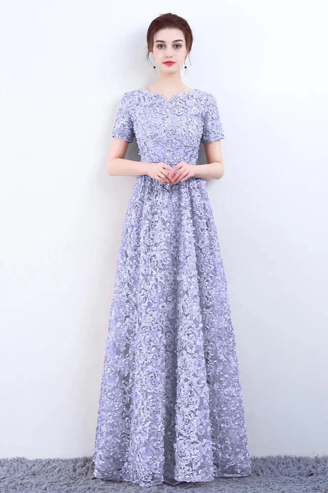 Elegant Short Or Long Sleeves Lace Evening Gowns Online Zipper Back With Belt