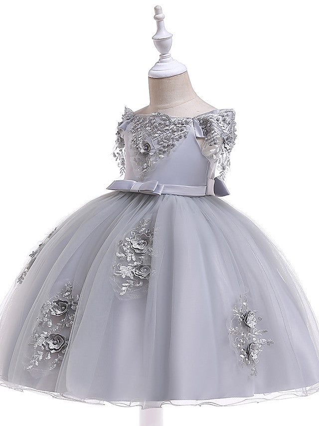 Elegant Short Sleeve Off Shoulder Above Knee Flower Girl Dress with Satin Tulle Lace Beadings and Appliques