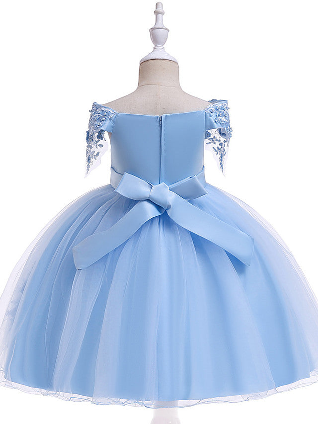 Elegant Short Sleeve Off Shoulder Above Knee Flower Girl Dress with Satin Tulle Lace Beadings and Appliques