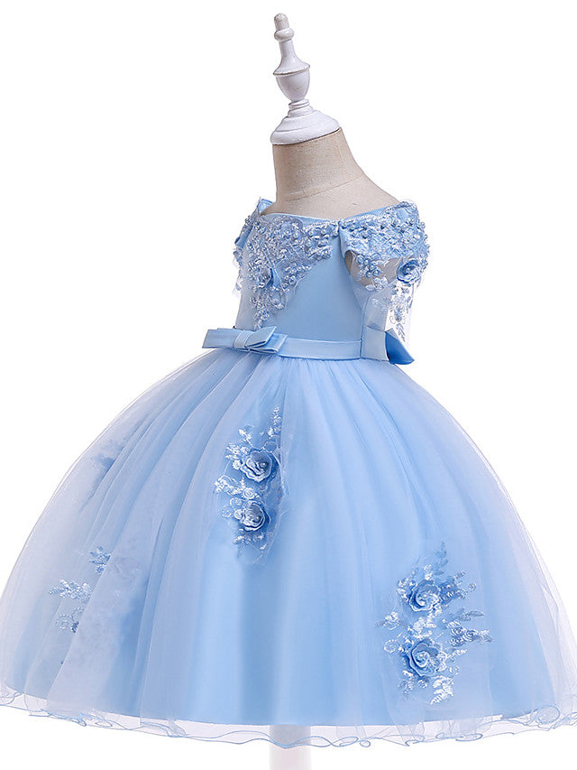 Elegant Short Sleeve Off Shoulder Above Knee Flower Girl Dress with Satin Tulle Lace Beadings and Appliques