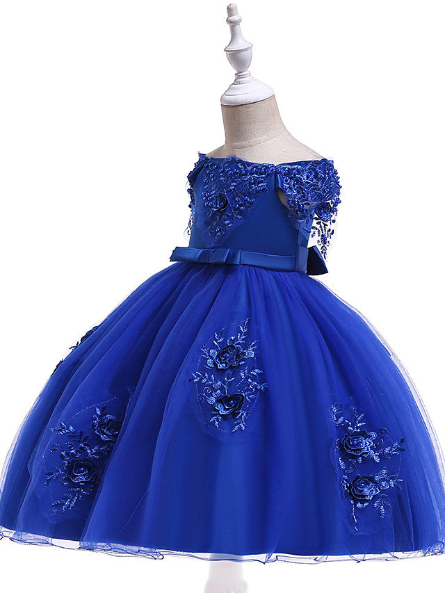 Elegant Short Sleeve Off Shoulder Above Knee Flower Girl Dress with Satin Tulle Lace Beadings and Appliques