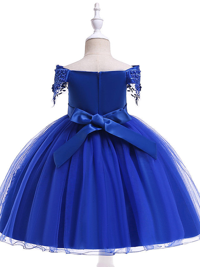 Elegant Short Sleeve Off Shoulder Above Knee Flower Girl Dress with Satin Tulle Lace Beadings and Appliques