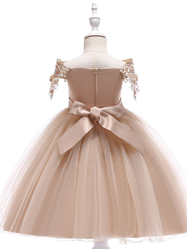 Elegant Short Sleeve Off Shoulder Above Knee Flower Girl Dress with Satin Tulle Lace Beadings and Appliques