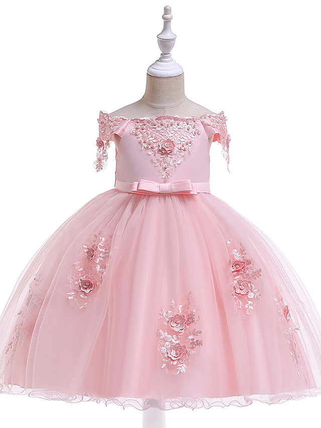 Elegant Short Sleeve Off Shoulder Above Knee Flower Girl Dress with Satin Tulle Lace Beadings and Appliques