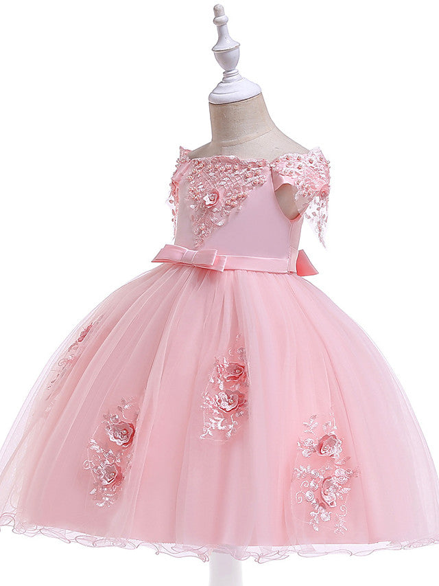 Elegant Short Sleeve Off Shoulder Above Knee Flower Girl Dress with Satin Tulle Lace Beadings and Appliques