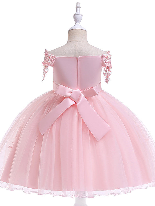 Elegant Short Sleeve Off Shoulder Above Knee Flower Girl Dress with Satin Tulle Lace Beadings and Appliques