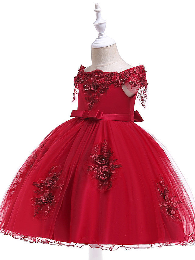 Elegant Short Sleeve Off Shoulder Above Knee Flower Girl Dress with Satin Tulle Lace Beadings and Appliques
