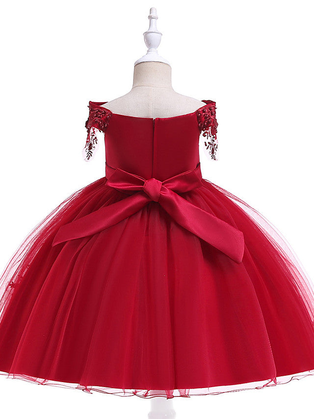 Elegant Short Sleeve Off Shoulder Above Knee Flower Girl Dress with Satin Tulle Lace Beadings and Appliques