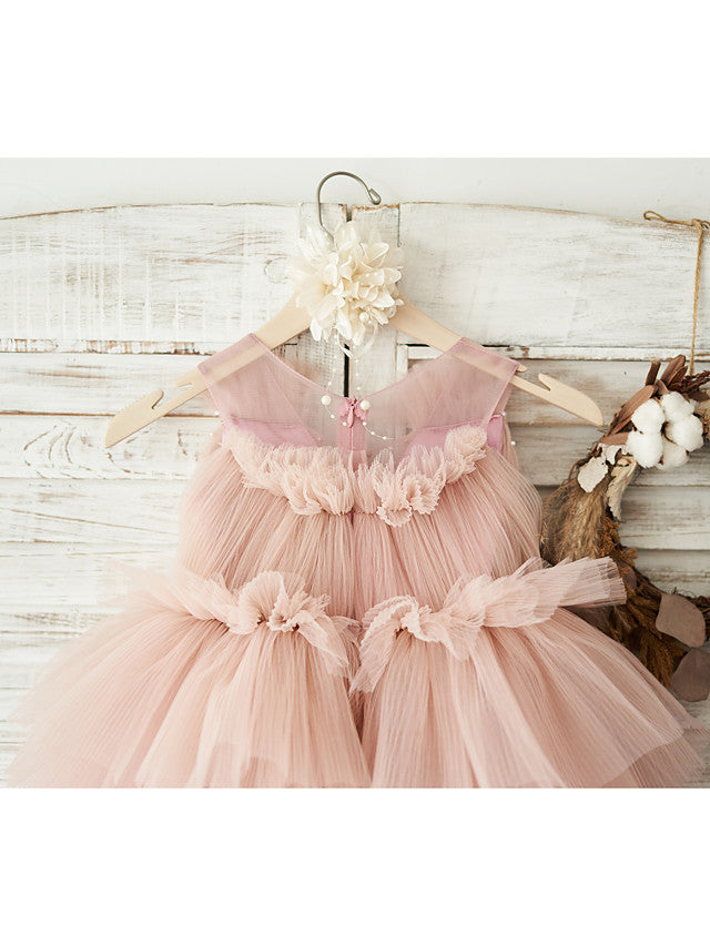 Elegant Sleeveless V Neck Ball Gown Knee Length Flower Girl Dress with Tulle and Pearls Belt