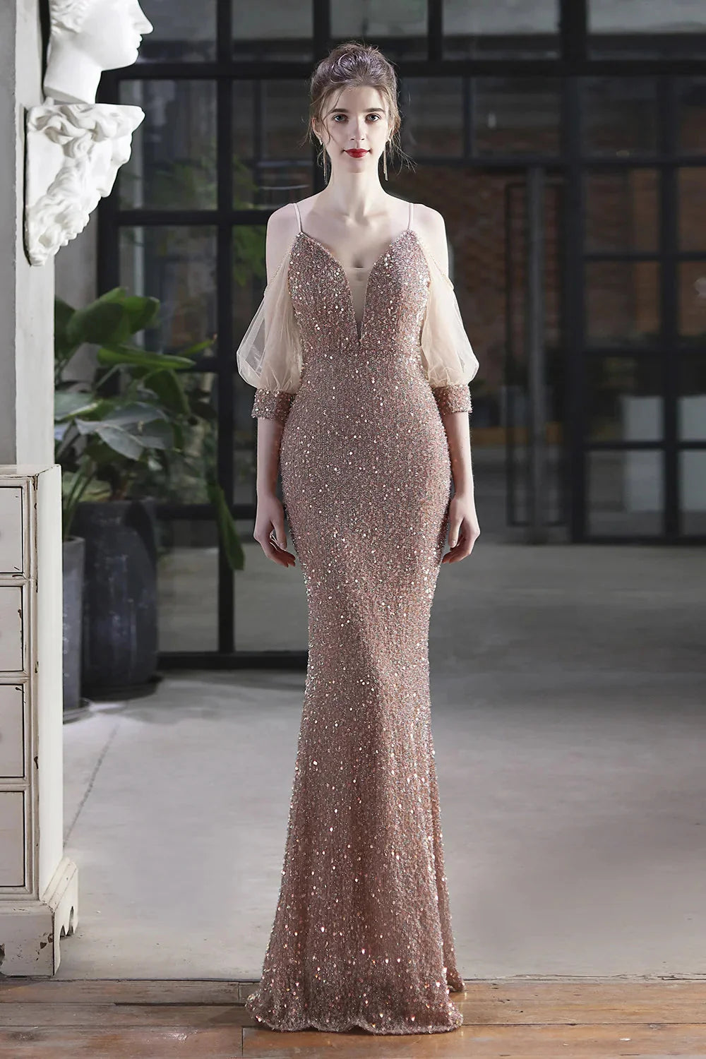 Elegant Spaghetti-Straps V-Neck Sequined Evening Formal Dress Mermaid With Bubble Tulle Sleeves