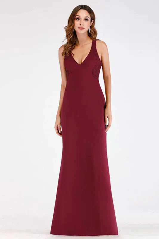 Elegant V-neck Burgundy Mermaid Lace Evening Gowns