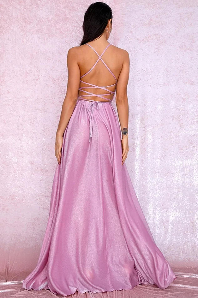 Elegant V-Neck Long Prom Dress Shinning Sleeveless Evening Gowns Online