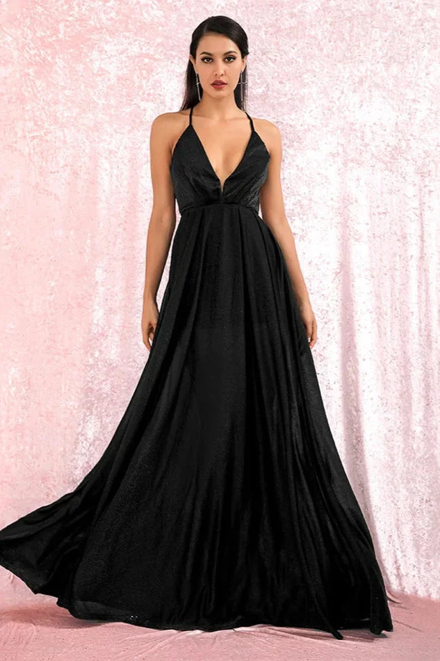 Elegant V-Neck Long Prom Dress Shinning Sleeveless Evening Gowns Online
