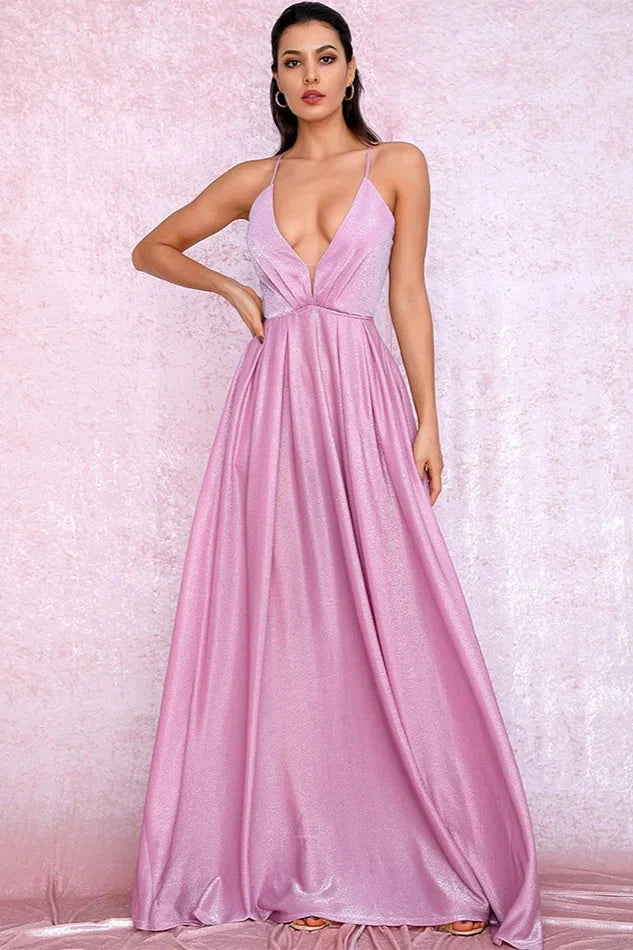 Elegant V-Neck Long Prom Dress Shinning Sleeveless Evening Gowns Online