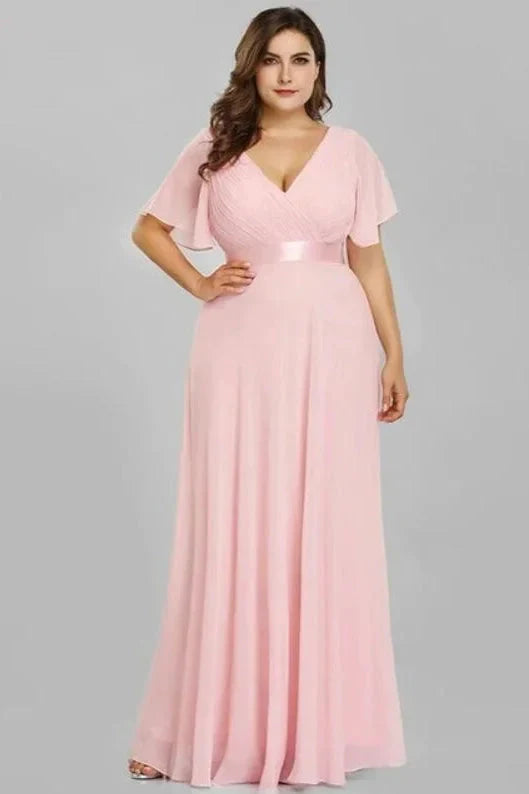 Elegant V-Neck Plus Size Chiffon Evening Dress With Short Sleeves