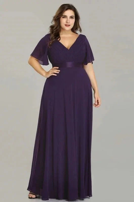 Elegant V-Neck Plus Size Chiffon Evening Dress With Short Sleeves