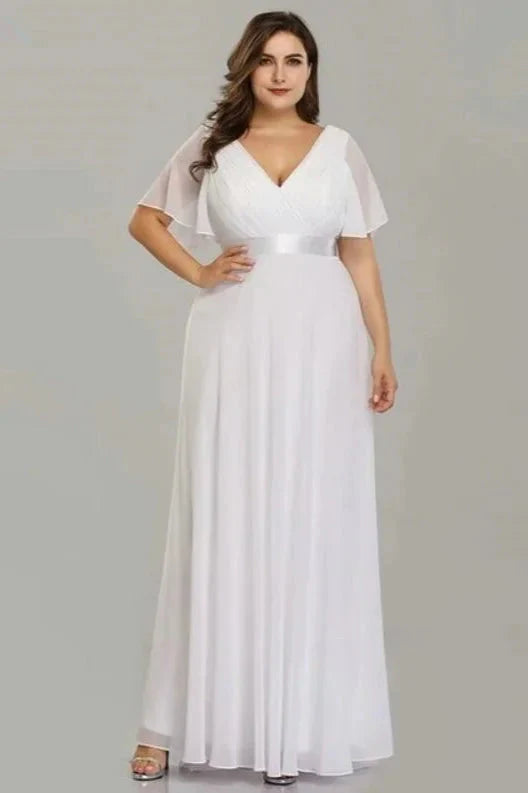 Elegant V-Neck Plus Size Chiffon Evening Dress With Short Sleeves