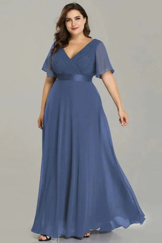 Elegant V-Neck Plus Size Chiffon Evening Dress With Short Sleeves