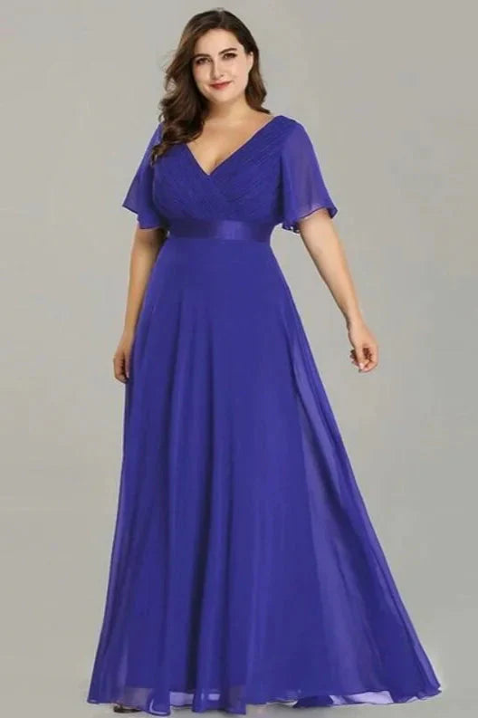 Elegant V-Neck Plus Size Chiffon Evening Dress With Short Sleeves