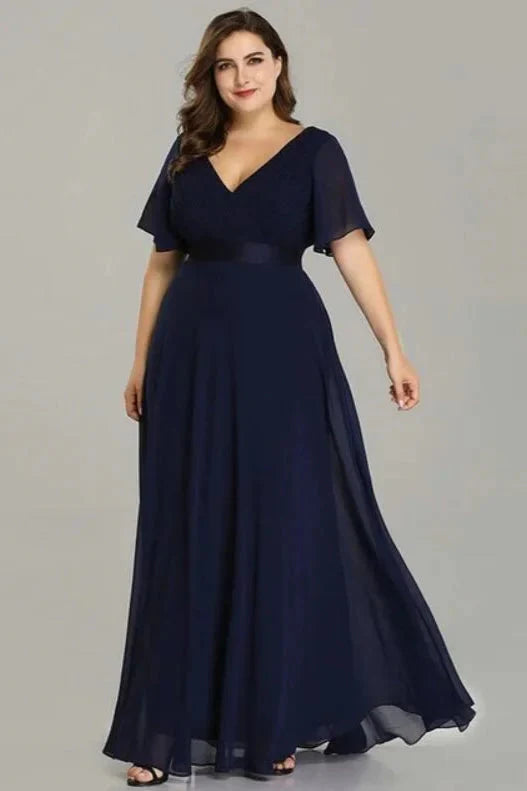Elegant V-Neck Plus Size Chiffon Evening Dress With Short Sleeves