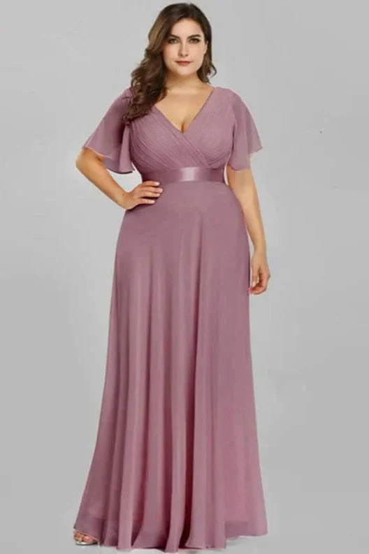 Elegant V-Neck Plus Size Chiffon Evening Dress With Short Sleeves