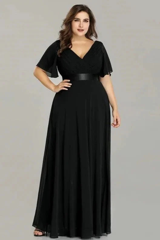 Elegant V-Neck Plus Size Chiffon Evening Dress With Short Sleeves
