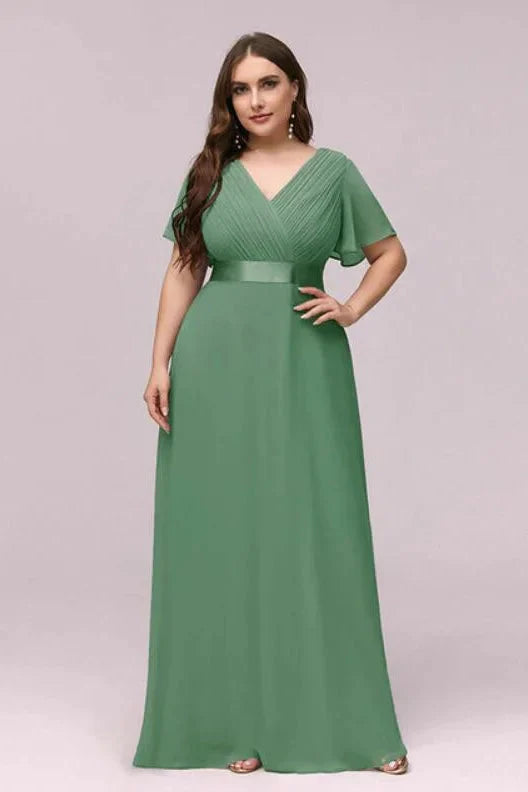 Elegant V-Neck Plus Size Chiffon Evening Dress With Short Sleeves