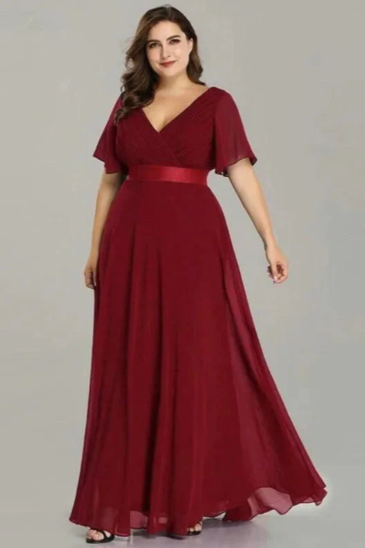 Elegant V-Neck Plus Size Chiffon Evening Dress With Short Sleeves