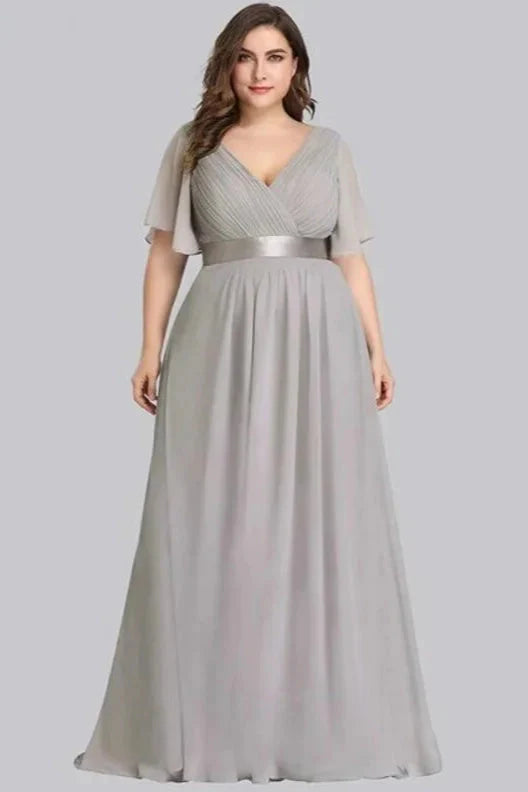 Elegant V-Neck Plus Size Chiffon Evening Dress With Short Sleeves