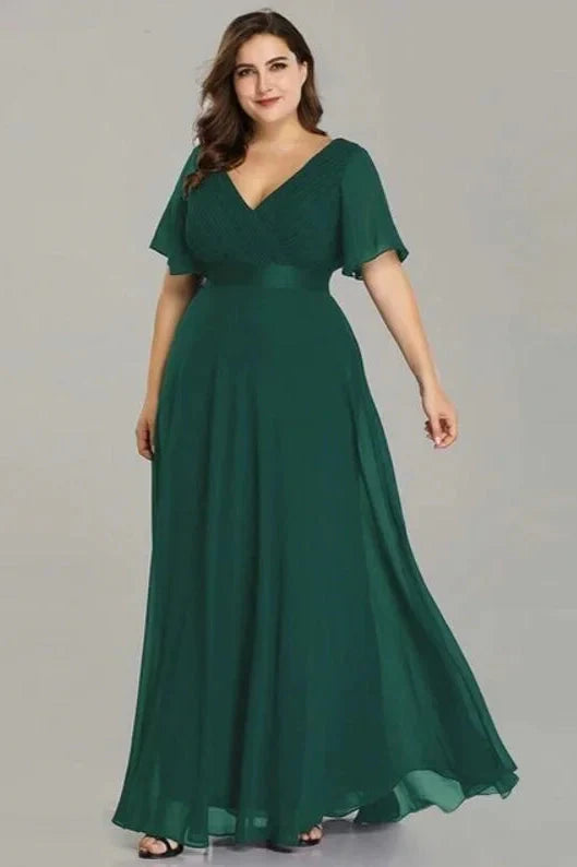 Elegant V-Neck Plus Size Chiffon Evening Dress With Short Sleeves