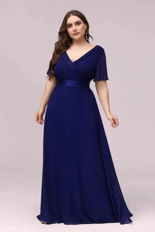 Elegant V-Neck Plus Size Chiffon Evening Dress With Short Sleeves
