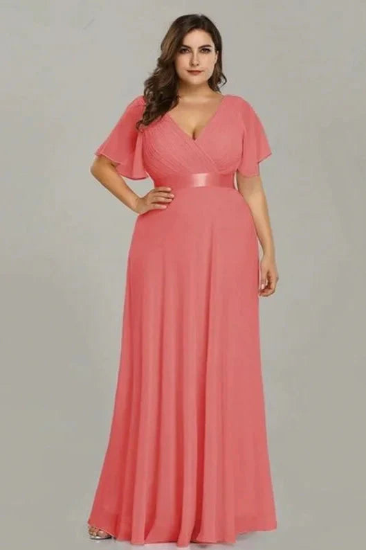 Elegant V-Neck Plus Size Chiffon Evening Dress With Short Sleeves