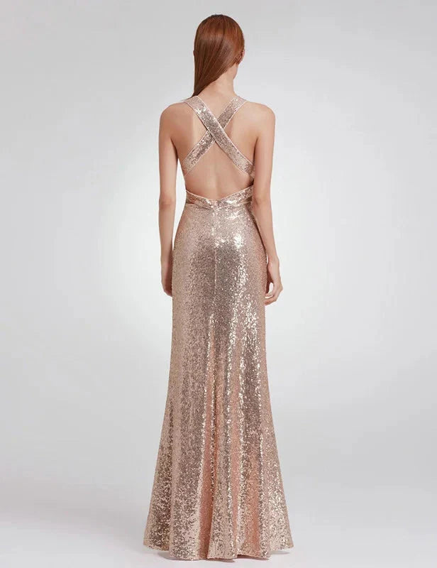 Elegant V-Neck Sleeveless Sequins Long Evening Prom Dress Online