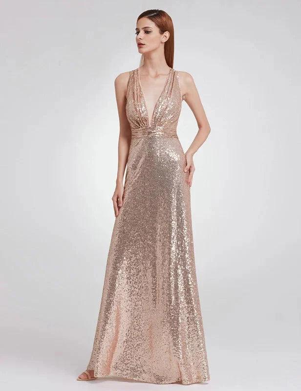 Elegant V-Neck Sleeveless Sequins Long Evening Prom Dress Online