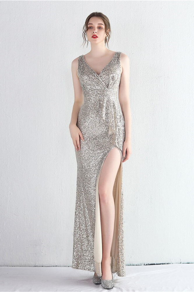Elegant V-Neck Sleeveless Split Evening Dress With Sequins Online