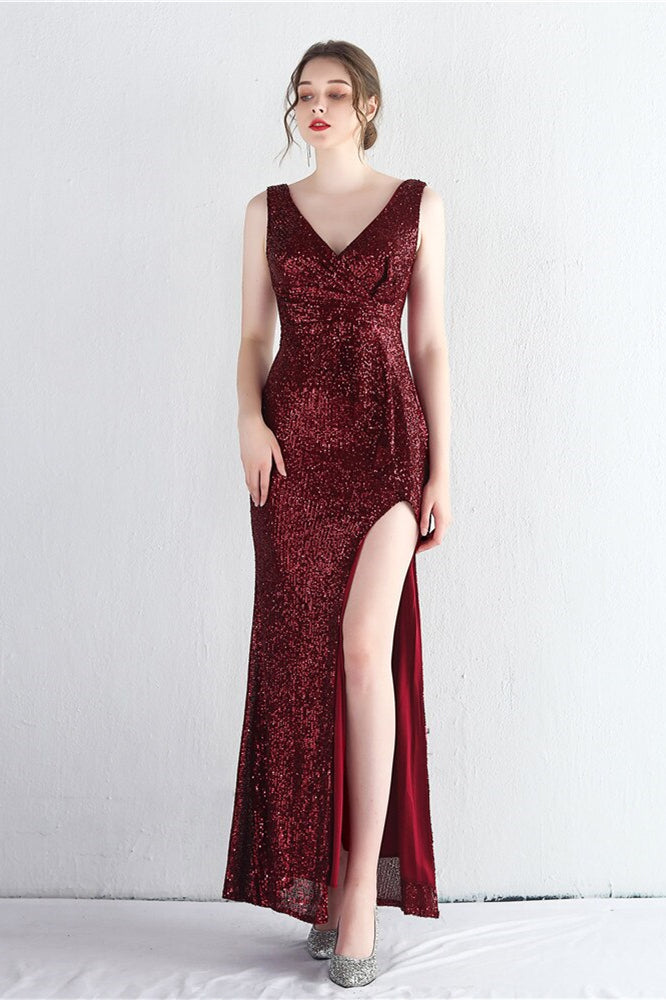 Elegant V-Neck Sleeveless Split Evening Dress With Sequins Online
