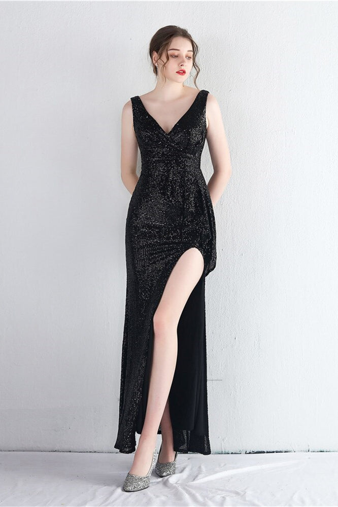 Elegant V-Neck Sleeveless Split Evening Dress With Sequins Online