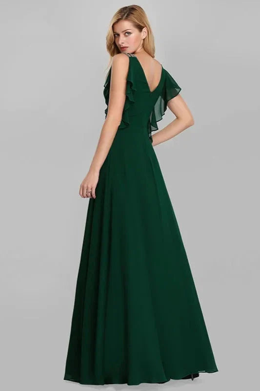 Emerald Green Ruffles Chiffon Long Evening Gowns Online