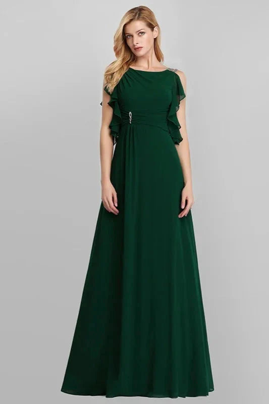 Emerald Green Ruffles Chiffon Long Evening Gowns Online
