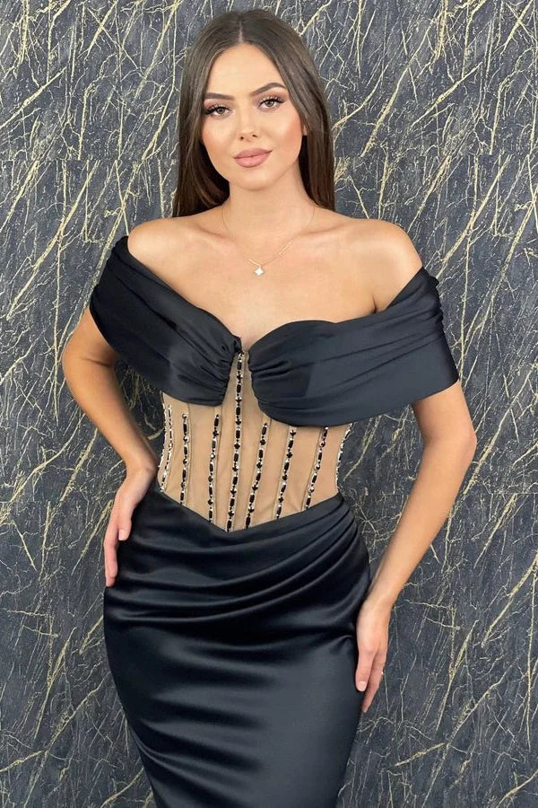 Fabulous Black Off-the-Shoulder Evening Dress Mermaid Long With Pleats