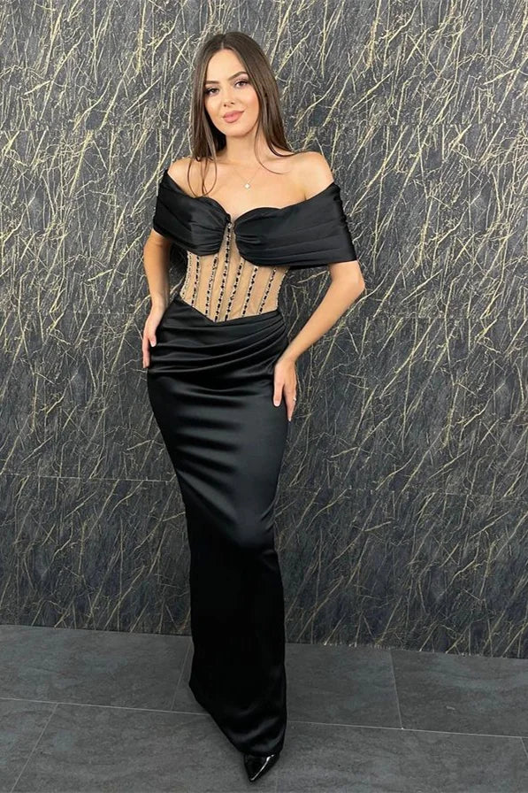 Fabulous Black Off-the-Shoulder Evening Dress Mermaid Long With Pleats