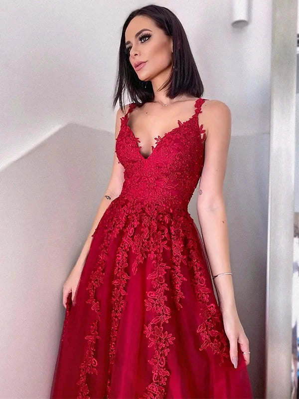 Fabulous Red Sleeveless V-Neck Lace Appliques Evening Dress