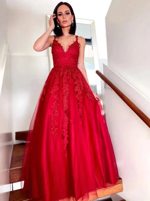 Fabulous Red Sleeveless V-Neck Lace Appliques Evening Dress
