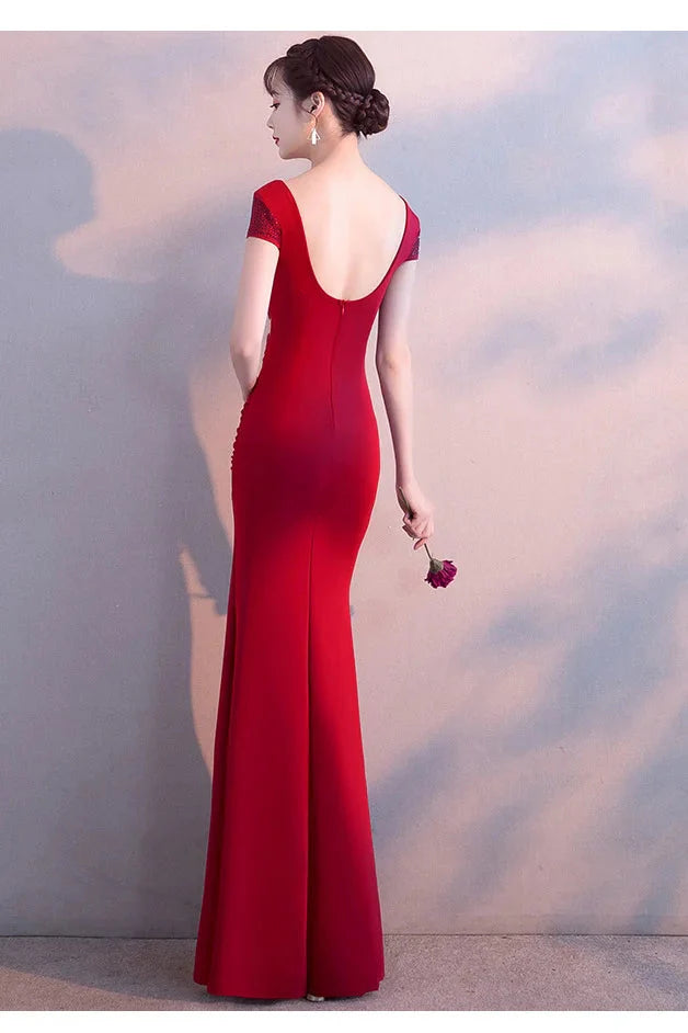 Fabulous Short Sleeves Beads Evening Dress Mermaid V-Neck With Slit