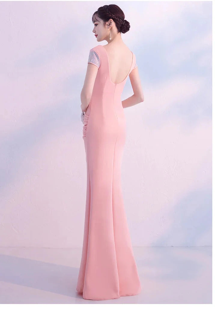 Fabulous Short Sleeves Beads Evening Dress Mermaid V-Neck With Slit